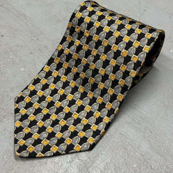 Ermenegildo Zegna Tie 100% Silk Made in Italy Geometrick Black/Gold 3.5" - Picture 2 of 8